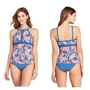 NWT Tropical Blue LANDS END Keyhole High Neck Tankini Top - Sz 8